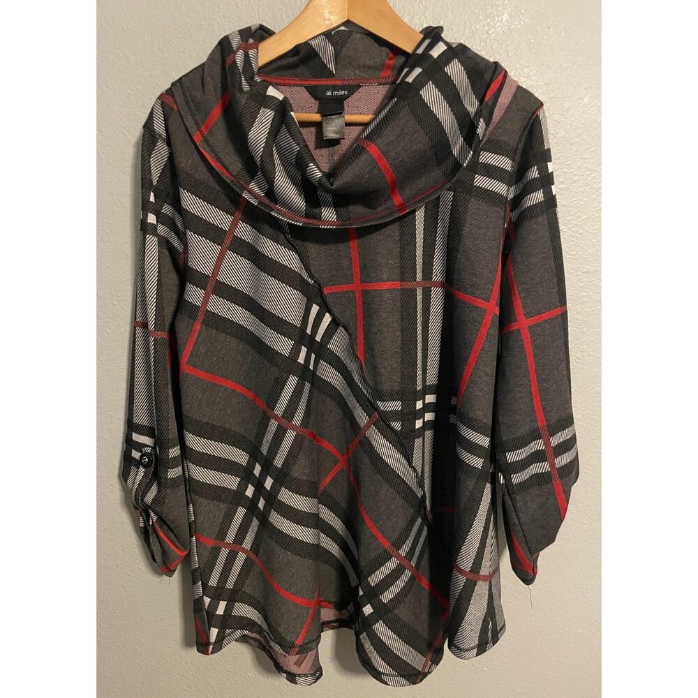 Ali Miles Tunic Top Womens XL Gray Plaid Cowl Neck Roll Tab Sleeve Stretch Artsy